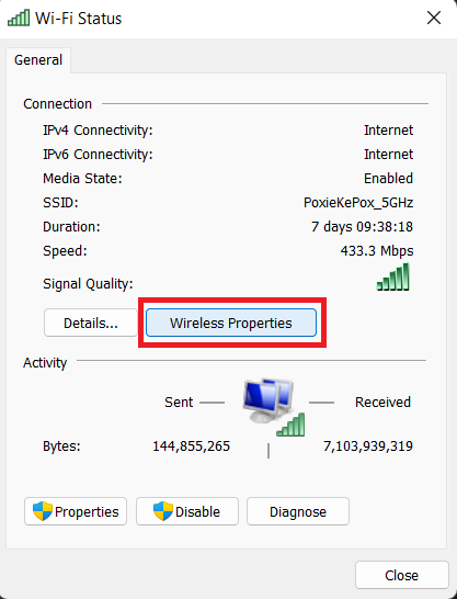 Network adapter wireless properties