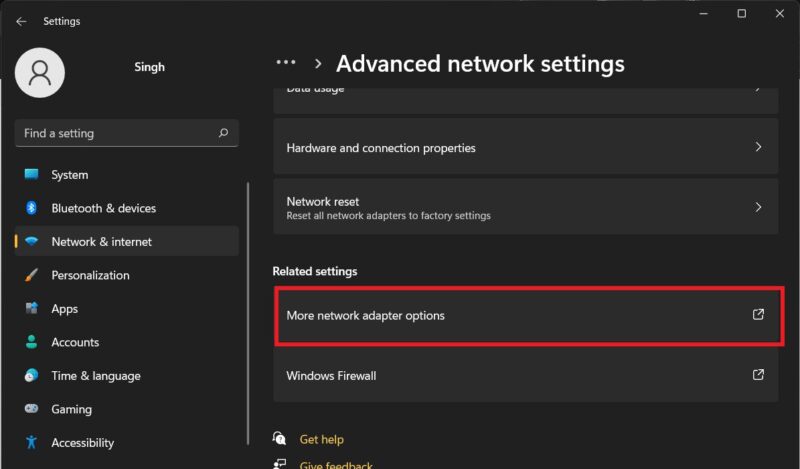 Windows network settings more options