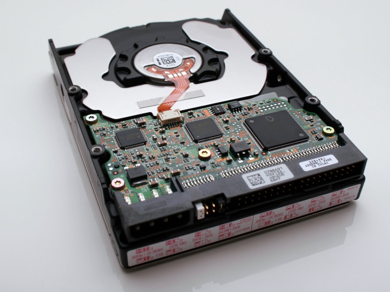 Close up of internals of a hard disk drive