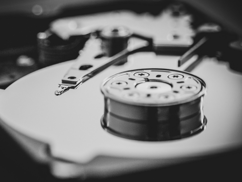 Close up of magnetic disk platter in computer hard drive