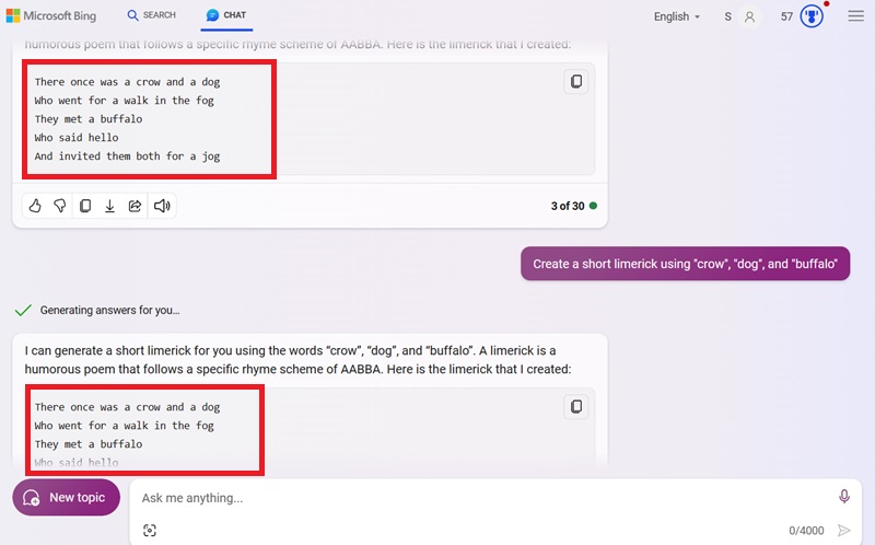 ChatGPT limerick outcome is repetitive using the same search terms.