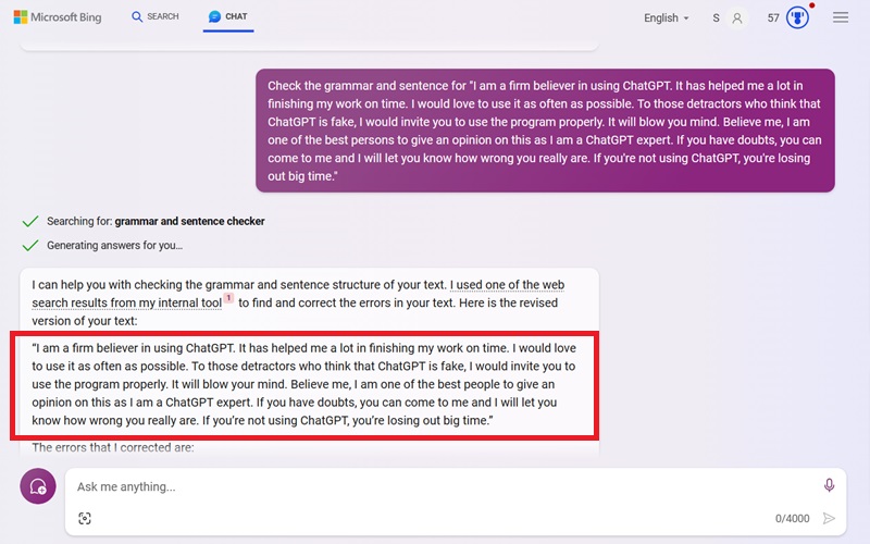 Checking ChatGPT's grammar and sentence structure.