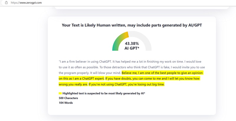 ZeroGPT tool detecting AI component in my human-generated writing.