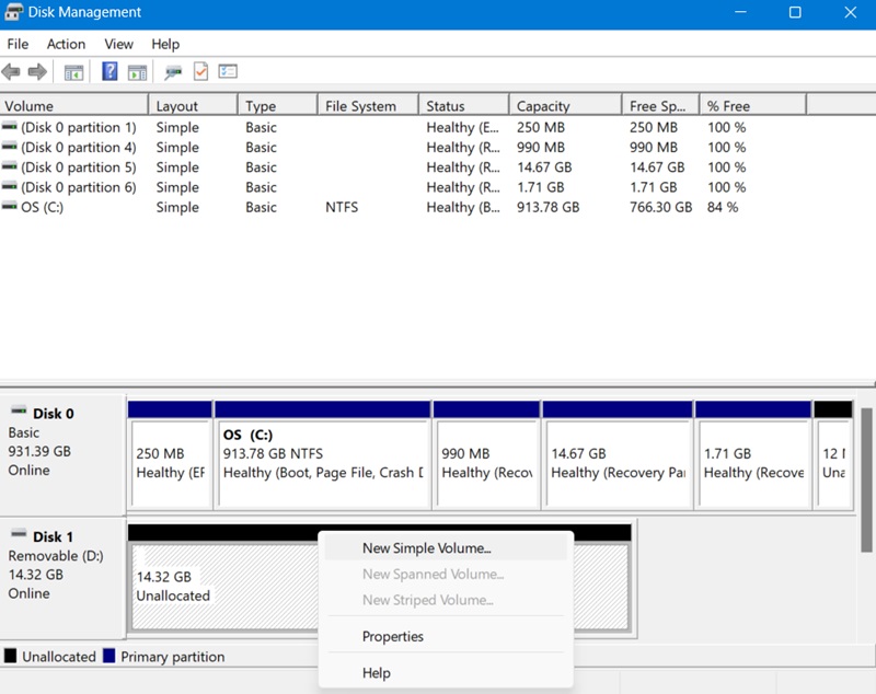 Right-click on USB disk in DISK MANAGEMENT and select "New Simple Volume."