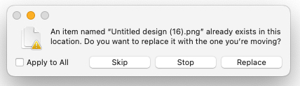 An item with that same name already exists in this location error message with options to Skip, Stop, or Replace.