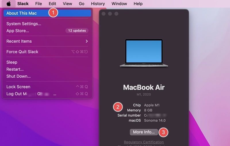 Knowing a Mac's memory from "About this Mac" pulldown menu followed by "More info."