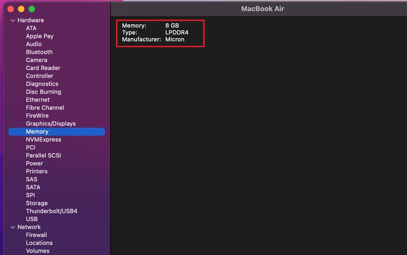 Find out the memory in MacBook air under Hardware section.