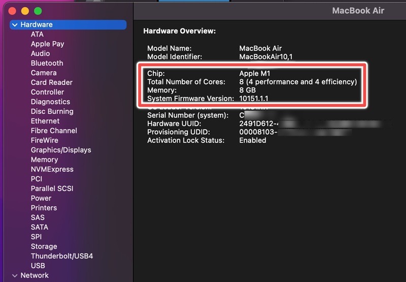 Total number of cores in a MacBook Air device along with memory in GB.
