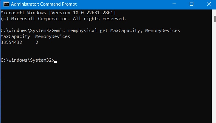 MaxCapacity command to determine the maximum amount of RAM that can be installed on a Windows device.