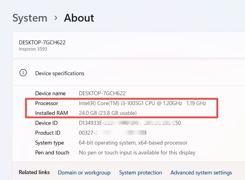 Installed RAM displayed on a Windows 11 device.