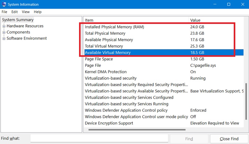 Windows device "System Information" including memory details viewed from "MSinfo32" command.