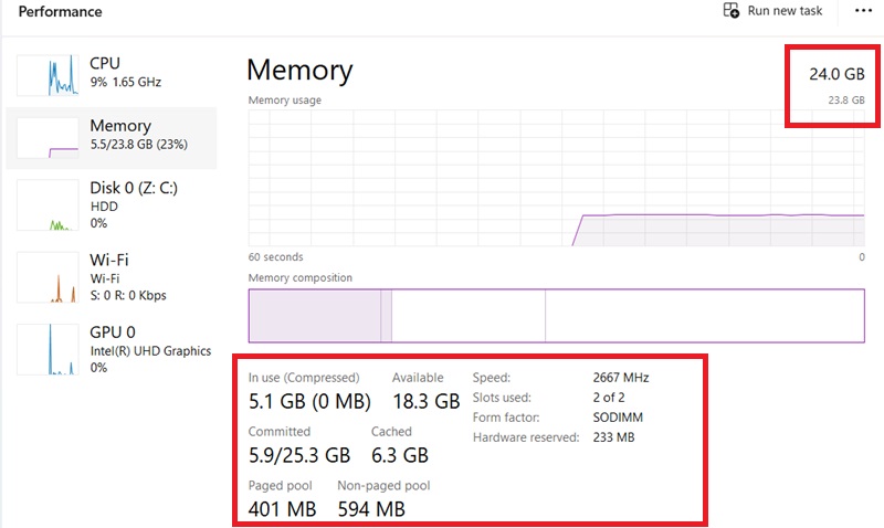 Windows RAM details visible in Task Manager under "Memory" page.