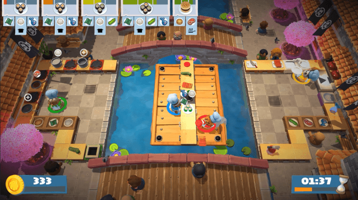 Cooking co-op gameplay in Overcooked 2, a great game to play with your partner.