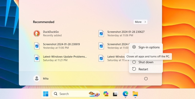 PC shutdown button in Windows Start menu