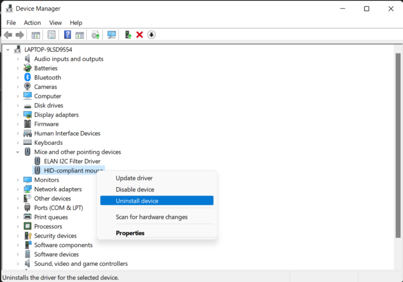 Device Manager showing mouse properties