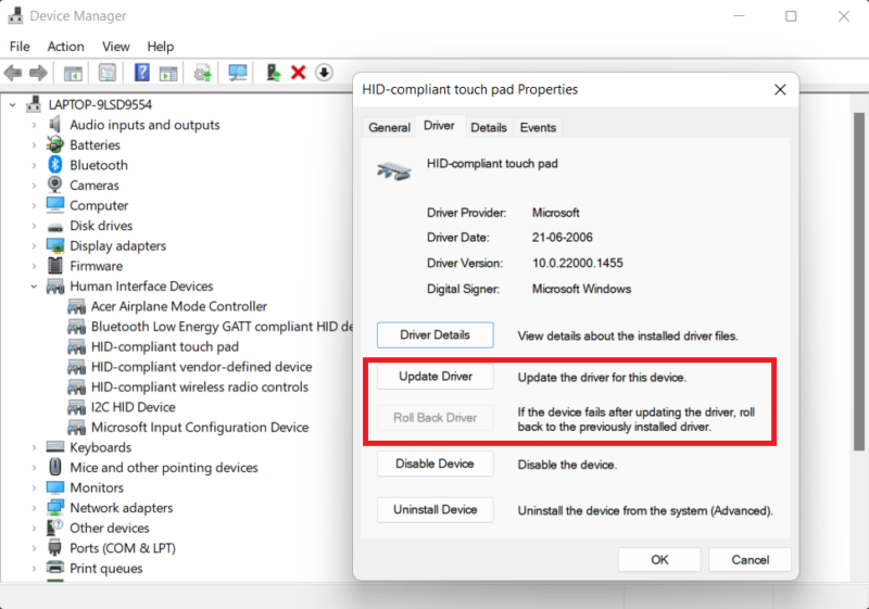 Device Manager showing update driver options