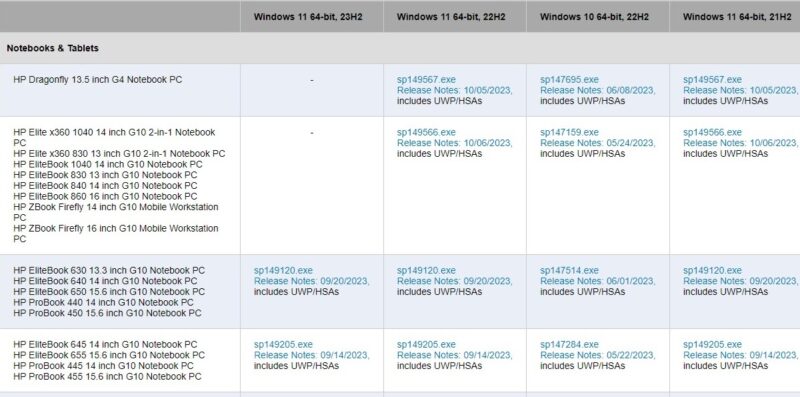HP website driver packages