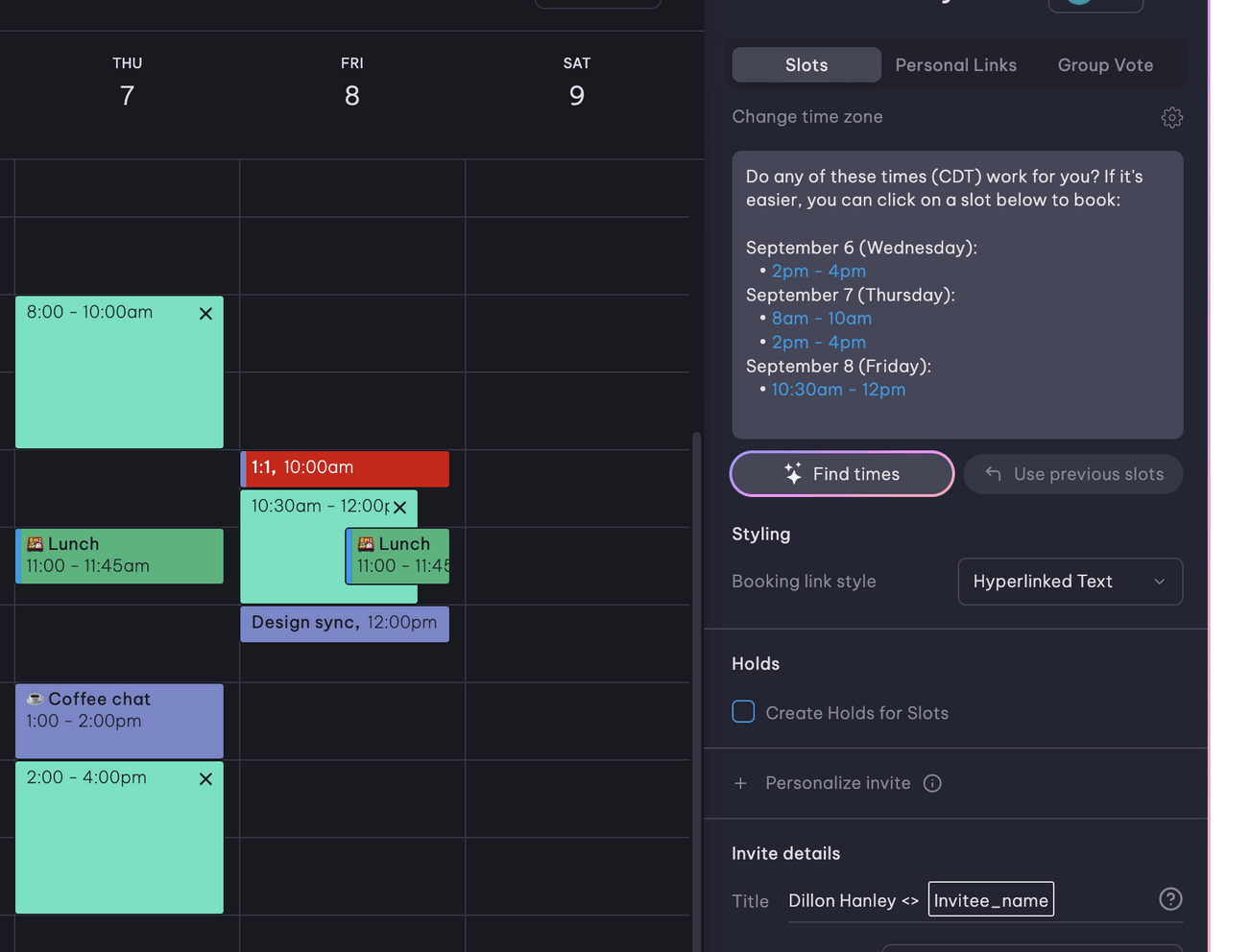 Vimcal calendar app's Find Time feature