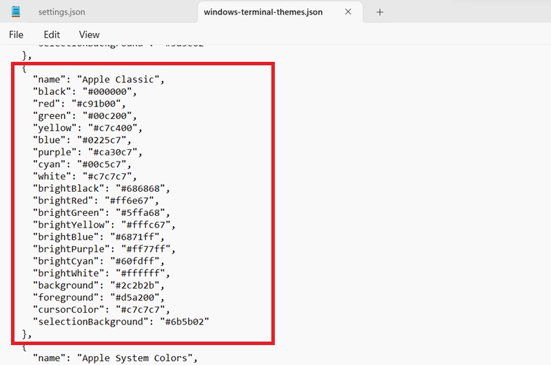 Copying "Apple Classic" code from JSON file opened in Notepad to be pasted in Windows Terminal Settings JSON.