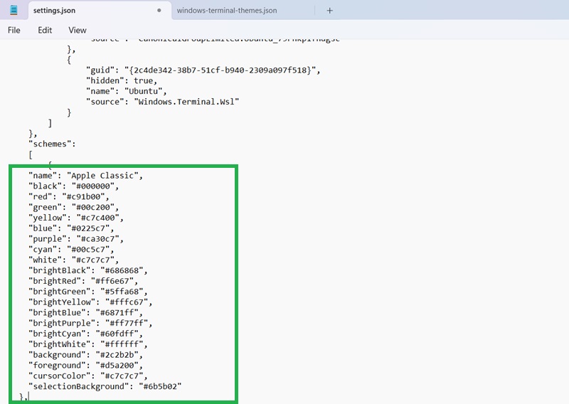 Pasting "Apple Classic" color scheme in the Settings JSON file of Windows Terminal app.