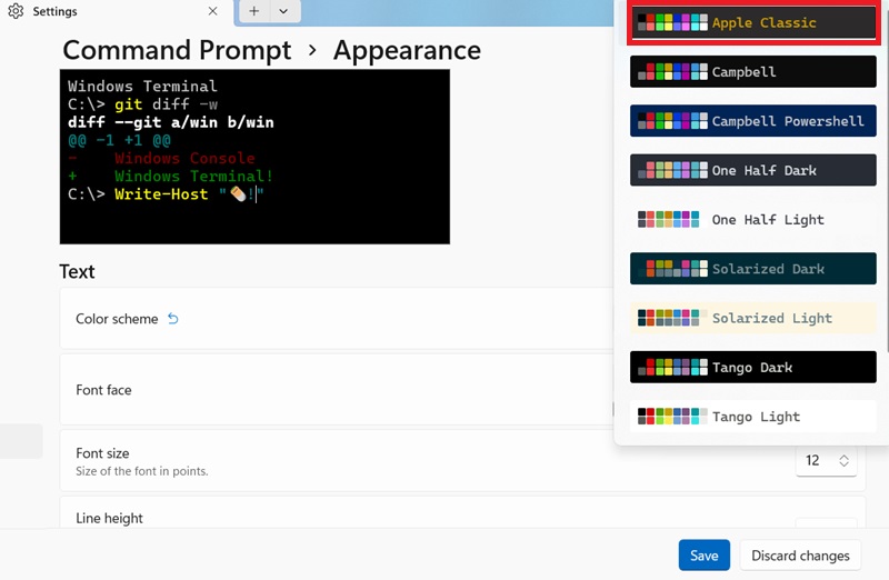 Setting the downloaded Apple Classic theme in Windows Terminal settings.