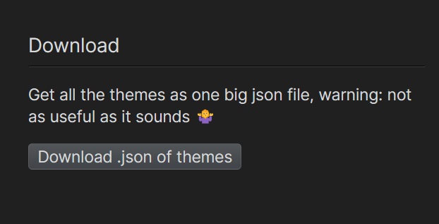 JSON download link for WindowsTerminalThemes, a developer repository of Windows Terminal themes.