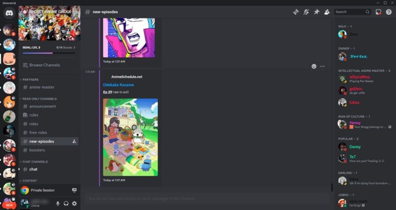 Secret Anime Group server view on Discord.
