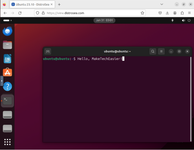 A screenshot showing Ubuntu 23.10 running on the DistroSea website.