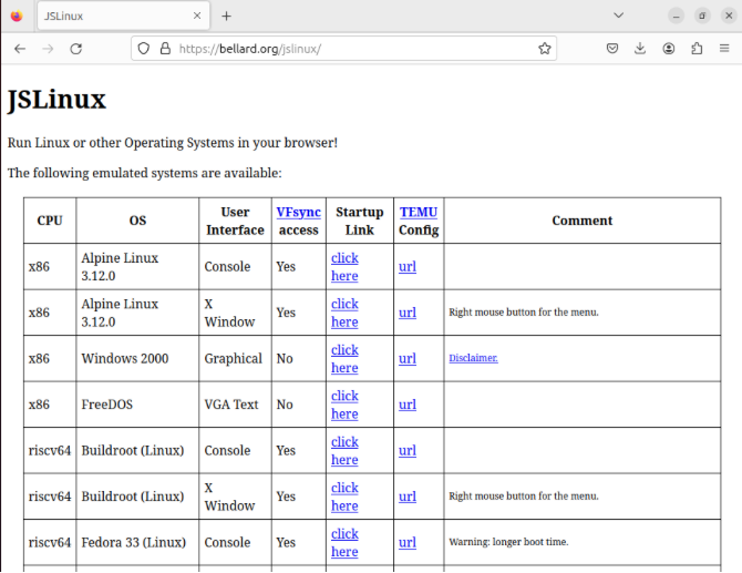 A screenshot showing the landing page for JsLinux.