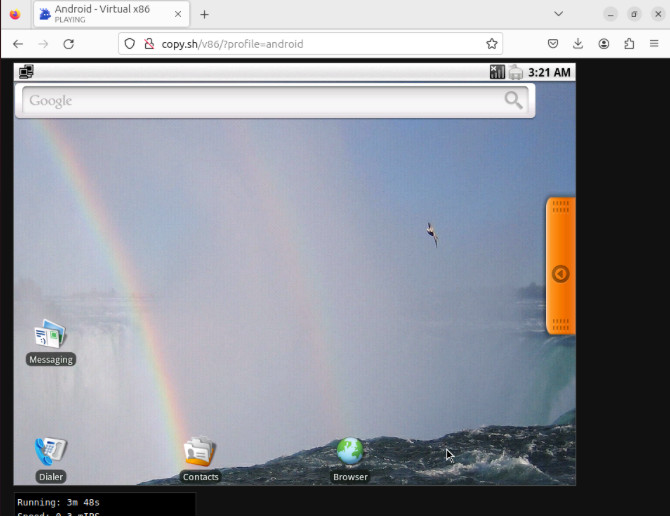 A screenshot showing the Android Open Source x86 image running under v86.