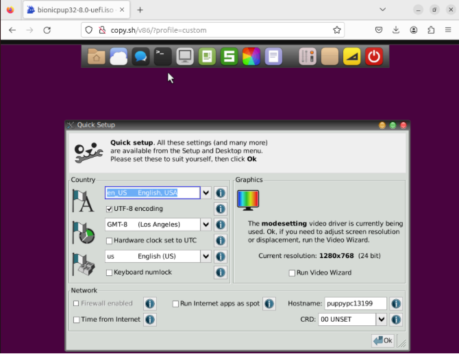 A screenshot showing a custom Puppy Linux Bionic image running under v86.