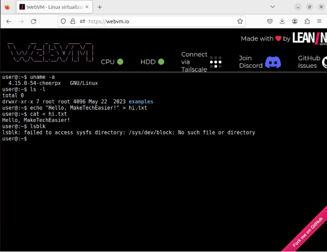 A screenshot showing the WebVM Linux emulator running online.
