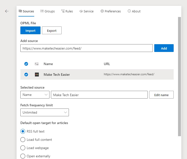 Setting up a feed in Fluent Reader
