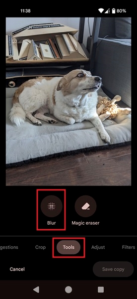 Selecting Blur from Tools menu in Google Photos app. 