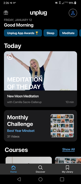 Unplug's home screen and monthly challenge