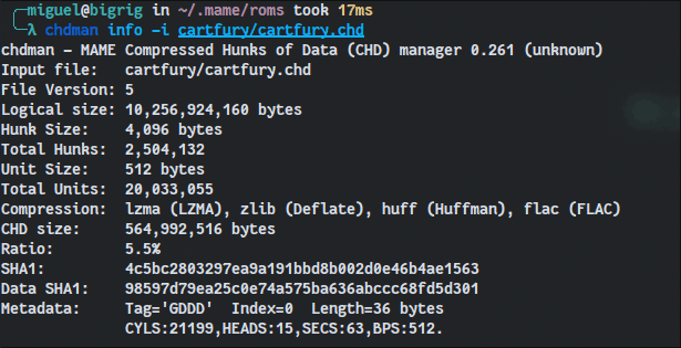 A demonstration of the chdman command showing info about a CHD file.