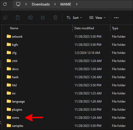 An arrow points to the ROMs folder within a Windows MAME installation.