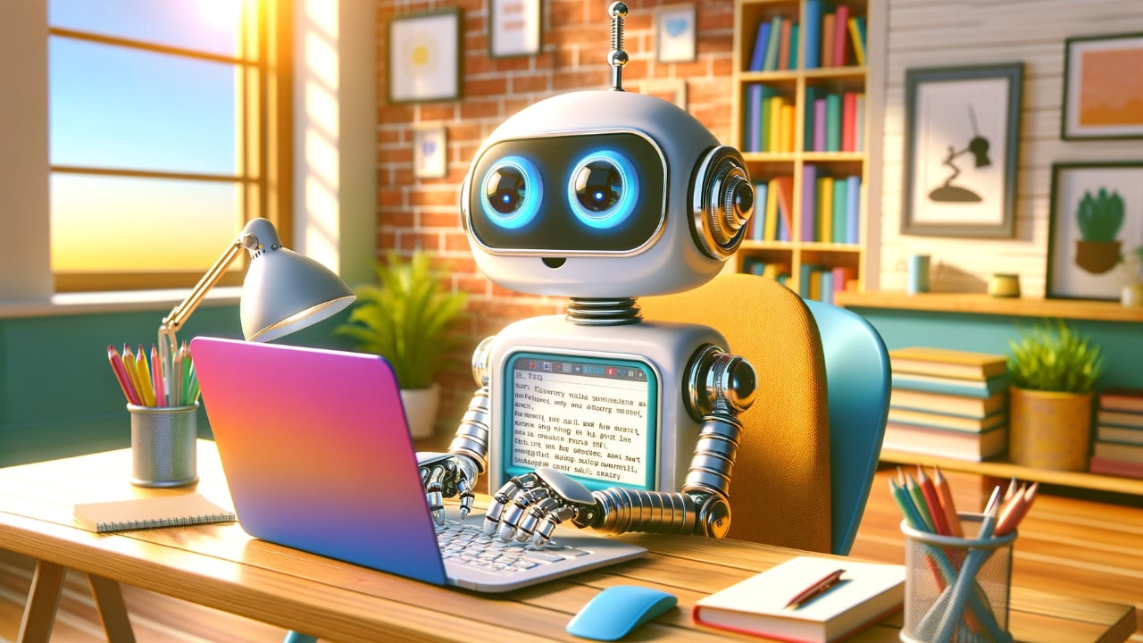 Cute Robot Writing On A Computer