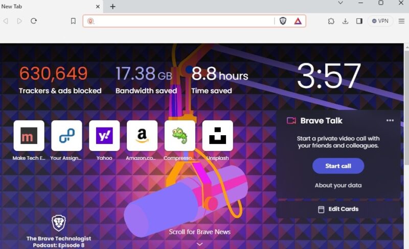 Brave Browser's start page.