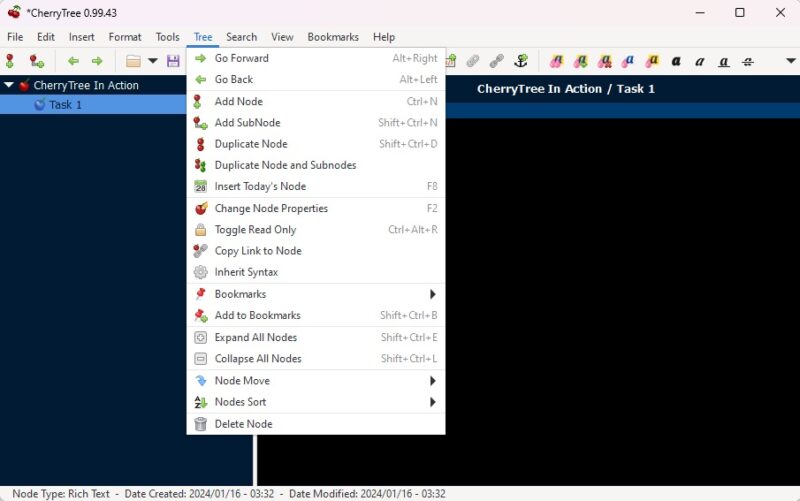 The Tree menu in CherryTree, a free notetaking tool.