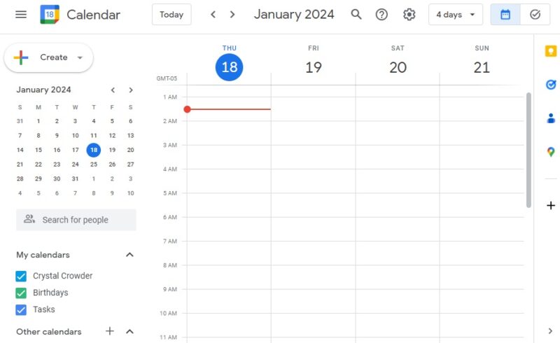 Checking the hourly schedule in Google Calendar.