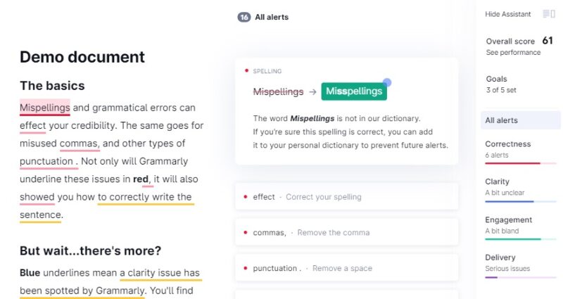 A Grammarly demo document highlighting misspellings.