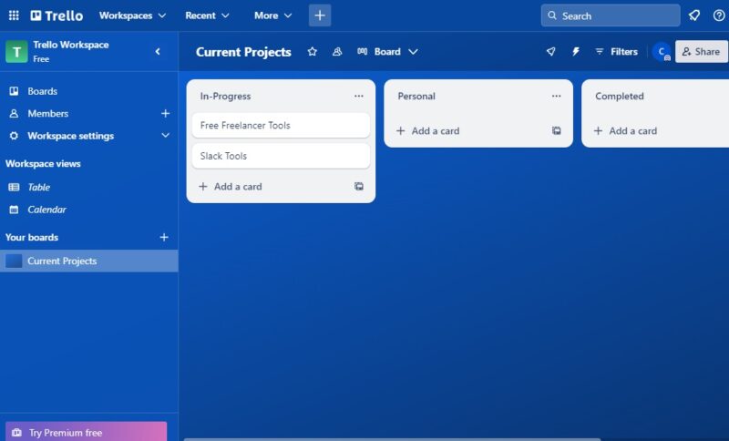 An example of Trello cards and boards