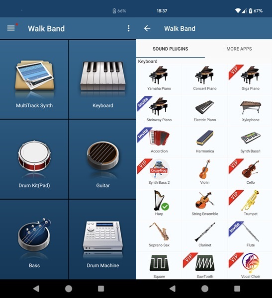 Walk Band app interface overview.