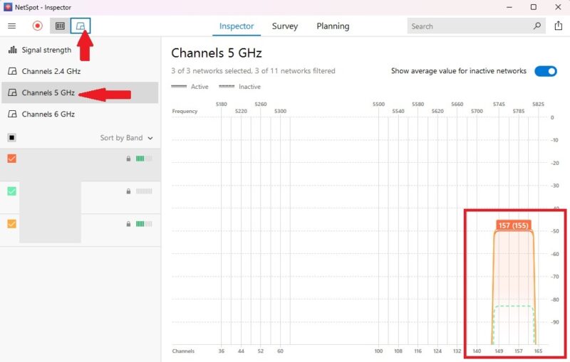 Using NetSpot app to find the best Wi-Fi channels for area 5GHz networks.