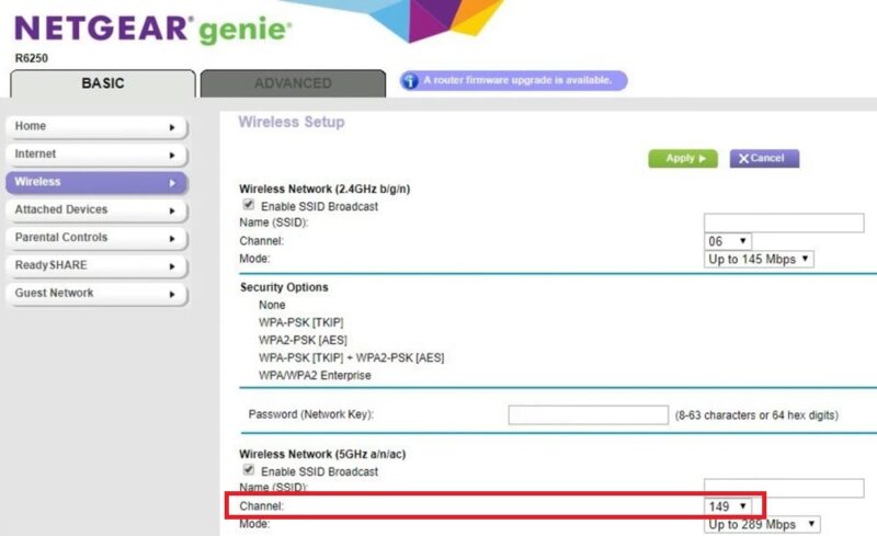 Choosing the 5GHz channel on a Netgear router.