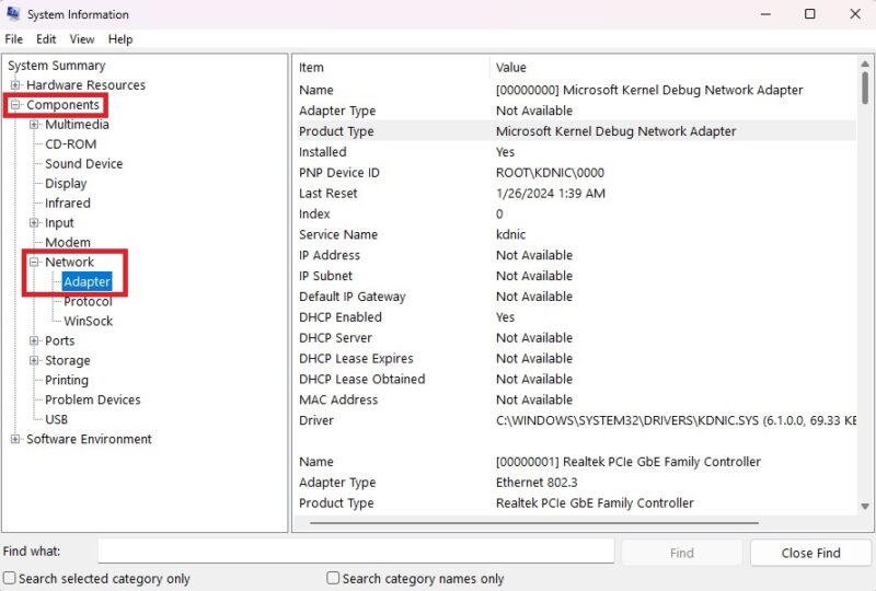 Using System Information tool to view network adapter details in Windows. 