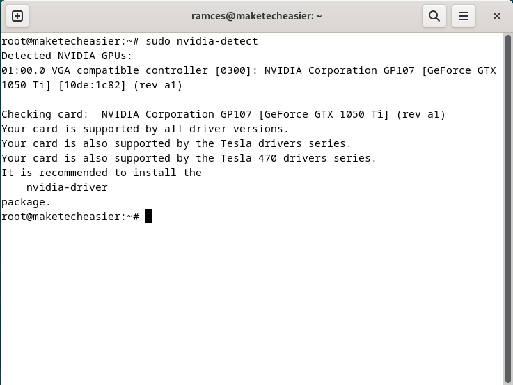A terminal showing the output of the nvidia-detect binary.