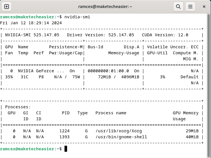 A terminal showing the output of nvidia-smi.