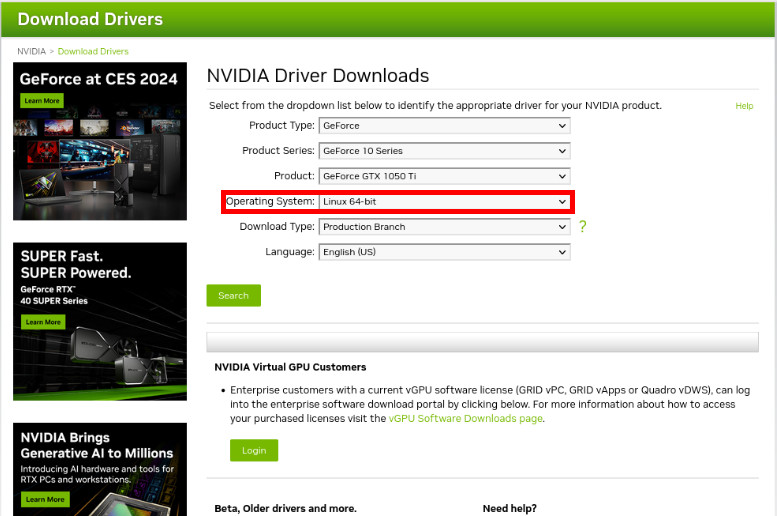 A screenshot showing the operating system dropdown box for Linux support.
